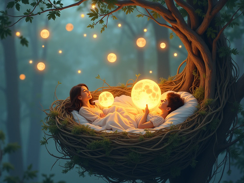 Purespark nest dream illustration with warm orbs